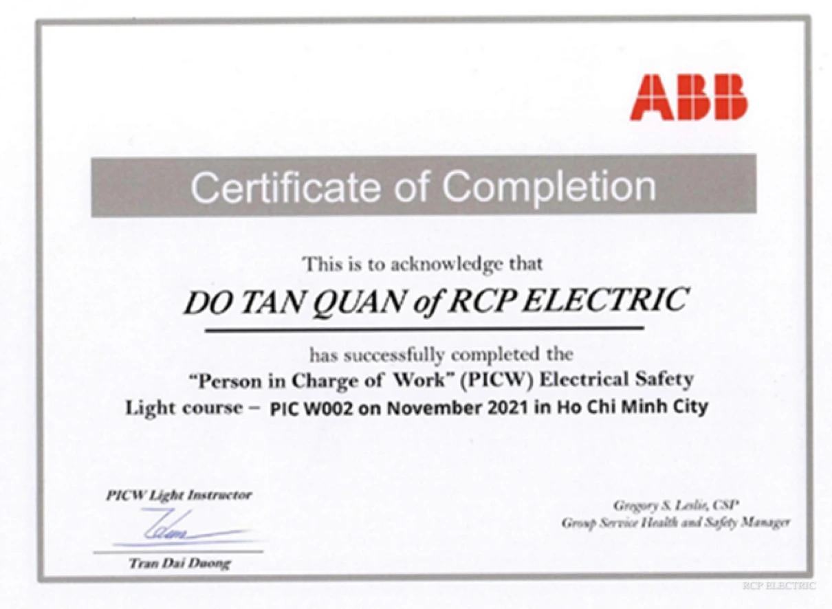 Chứng chỉ ABB Products & Services của RCP Electric
