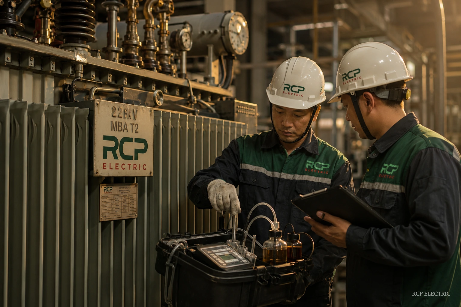 bảo dưỡng máy biến áp dầu, kỹ sư RCP Electric kiểm tra dầu cách điện máy biến áp công nghiệp