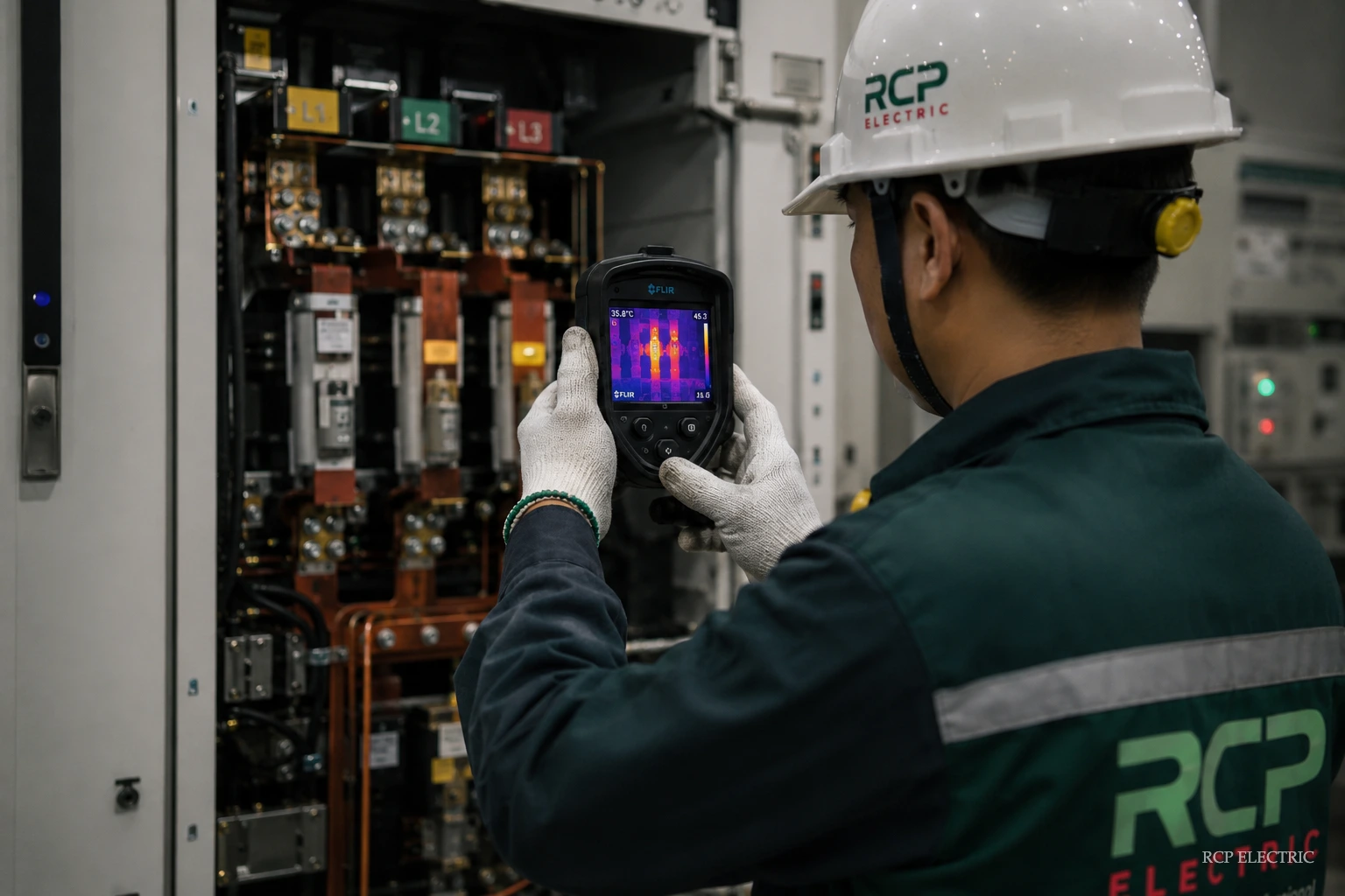 quét camera nhiệt tủ RMU, kỹ sư điện RCP Electric phát hiện điểm phát nóng trong hệ thống trung thế