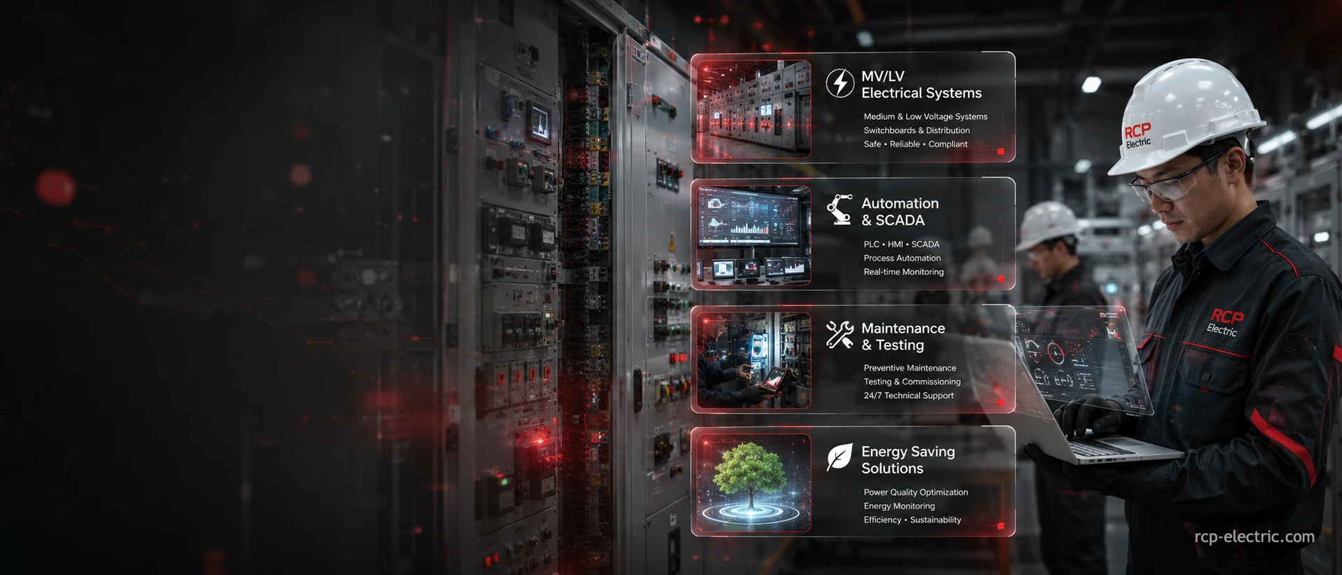 Dịch vụ điện công nghiệp RCP Electric bao gồm tự động hóa SCADA bảo trì điện và hệ thống điện trung thế