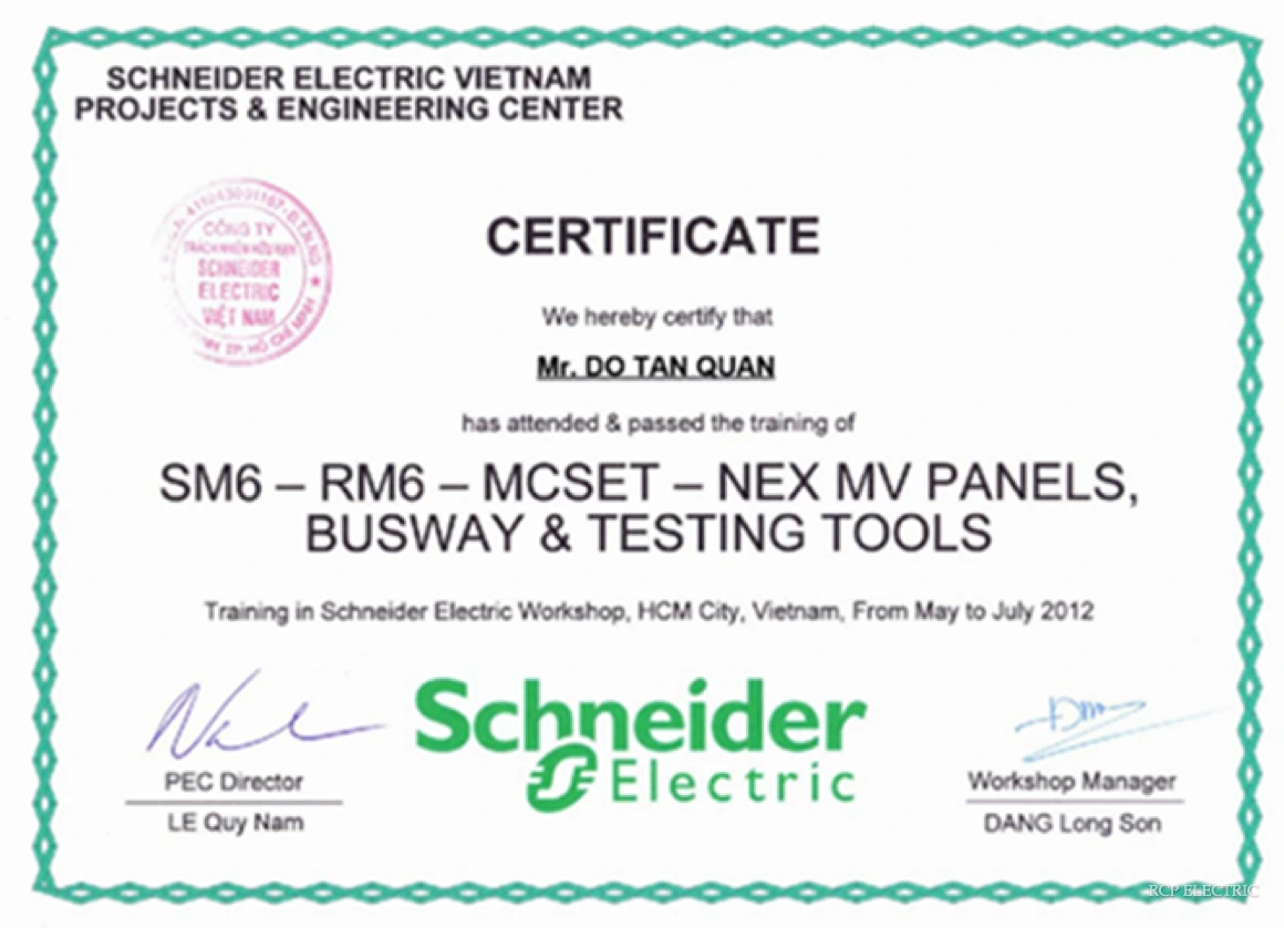 Chứng chỉ Schneider Electric của RCP Electric