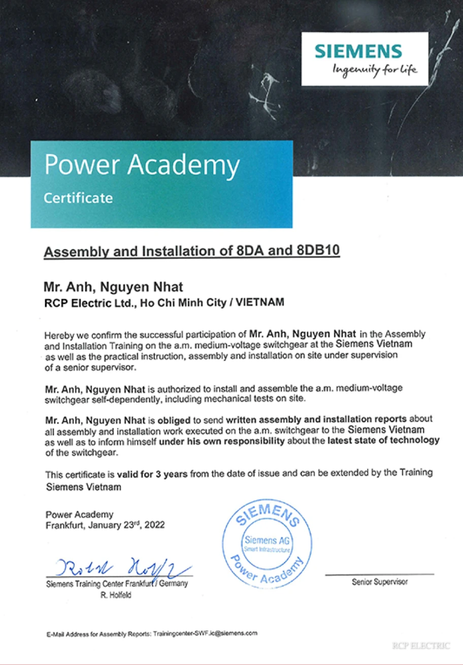 Chứng chỉ Siemens Power Academy của RCP Electric