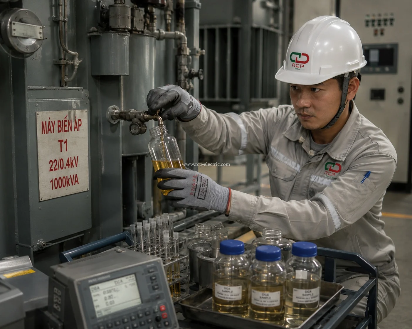 Kỹ sư thực hiện lấy mẫu thí nghiệm dầu máy biến áp (DGA)